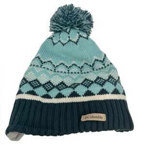 Columbia Pom Pom Knit Beanie Winter Hat Patterned Teal Blue White Adult OS